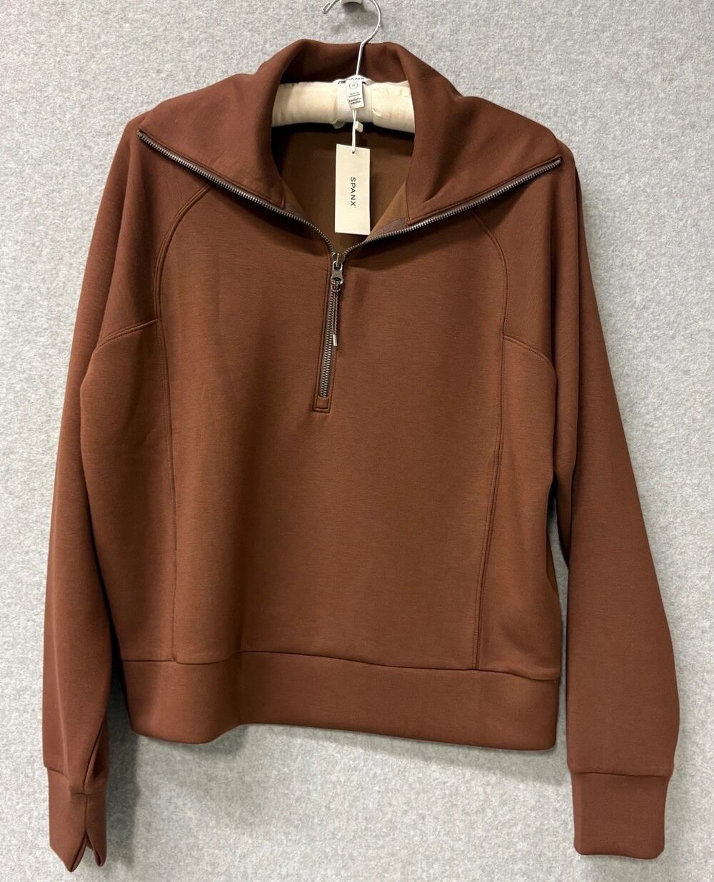 SPANX AirEssentials Half Zip Pullover Espresso Brown Soft Stretch Large NWT